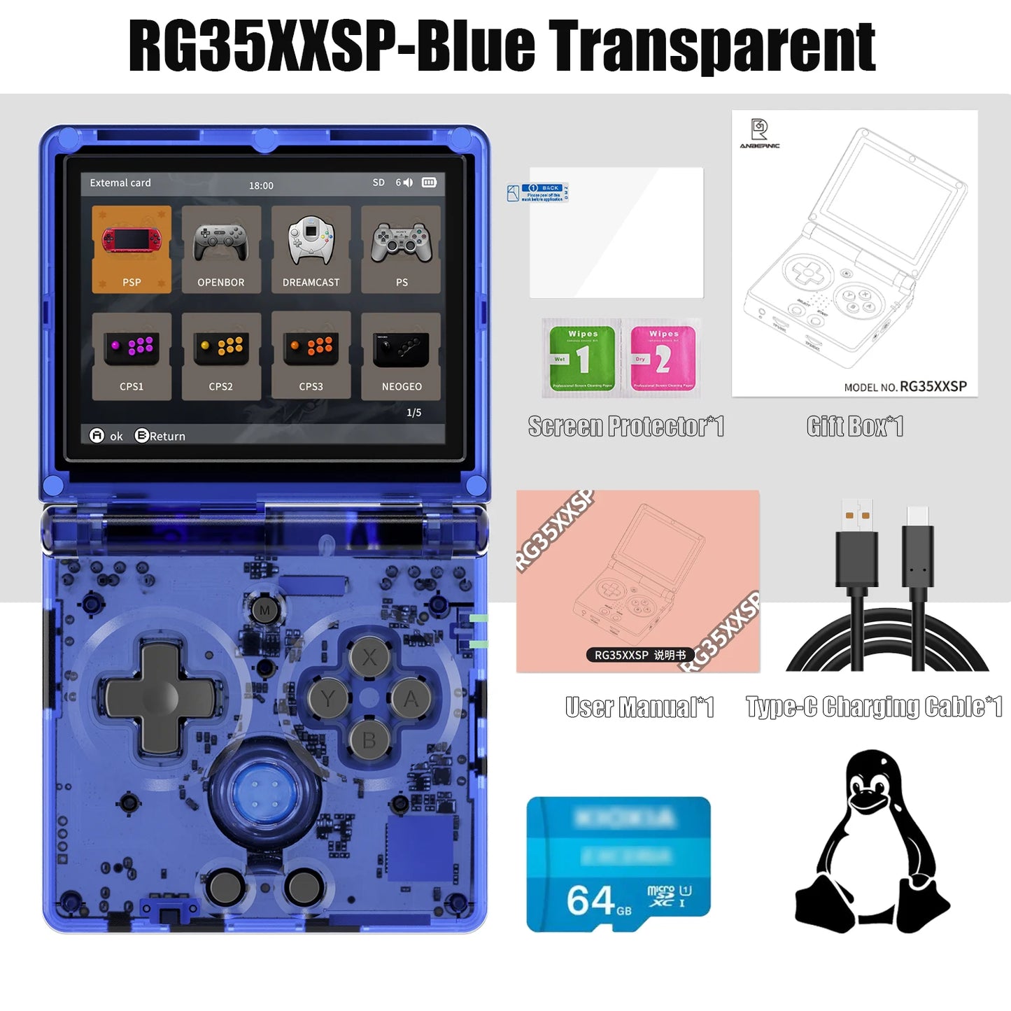 ANBERNIC NEW RG35XXSP Flip Handheld Game Console 3.5 Inch IPS Clamshell Video Gaming Console 64 Bit Linux System 64G Online Play