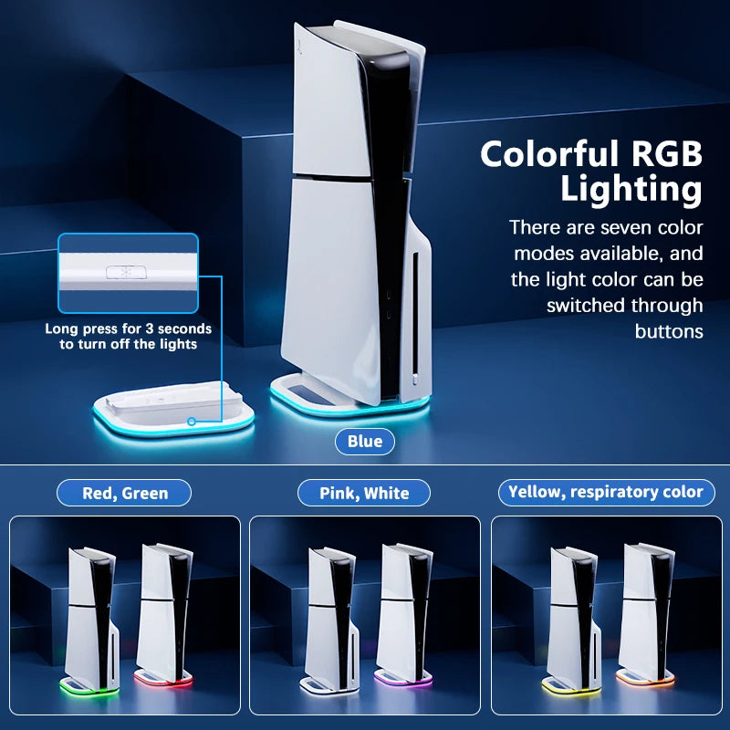 RGB Vertical Stand for PS5,PS5 slim,PS5 pro Console with Anti Slip Pad Disc Digital Versions with 7 LED Lights